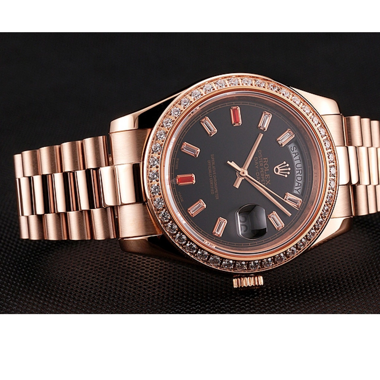 Rolex aaa copy Swiss Bracelet Rose 1454102 Rolex Diamonds Black Dial And Day-Date Rubies Gold 0627